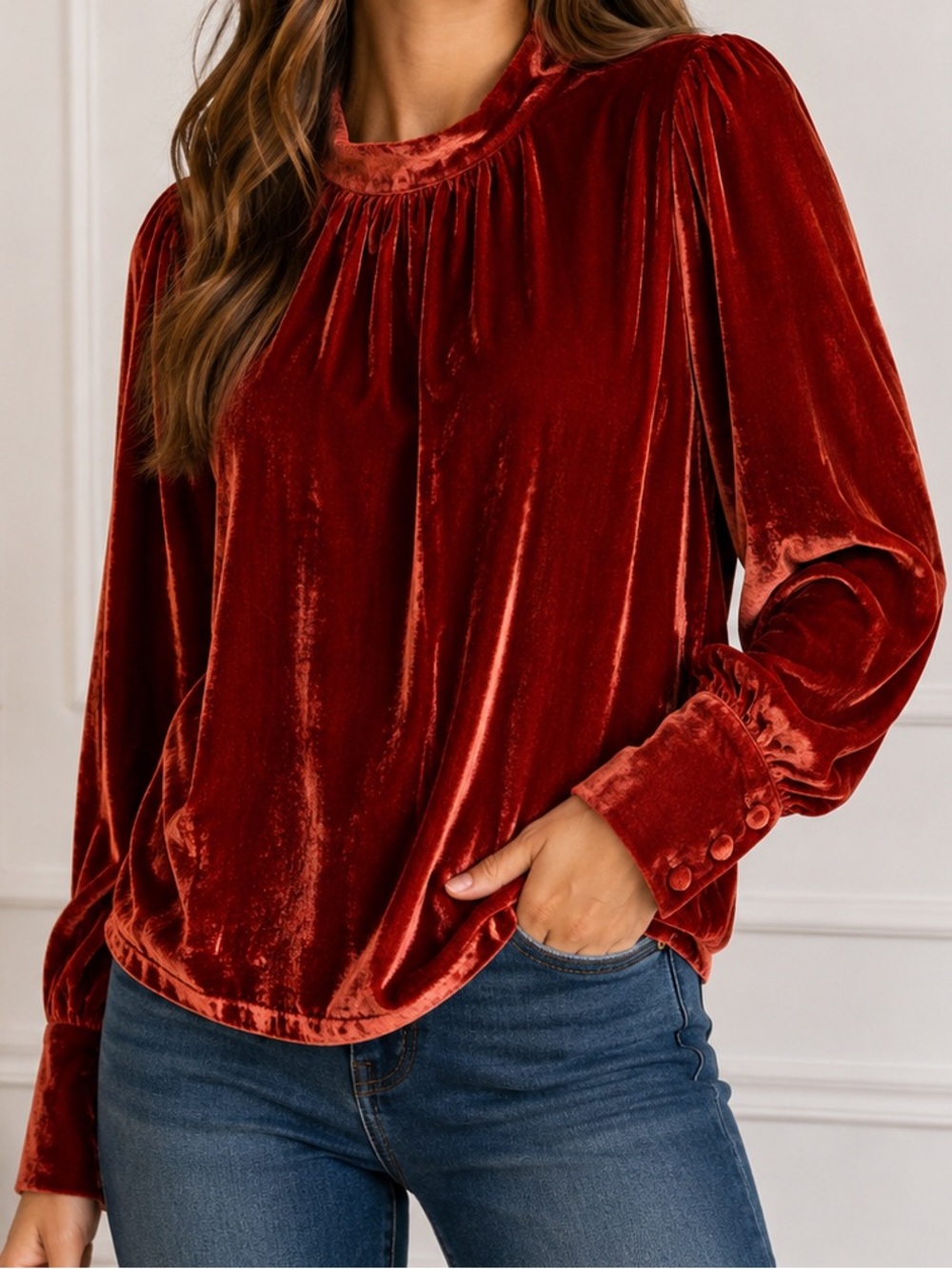 White Stuff Velvet Long-Sleeve Blouse in Deep Burnt Orange  Elongated Cuffs 6